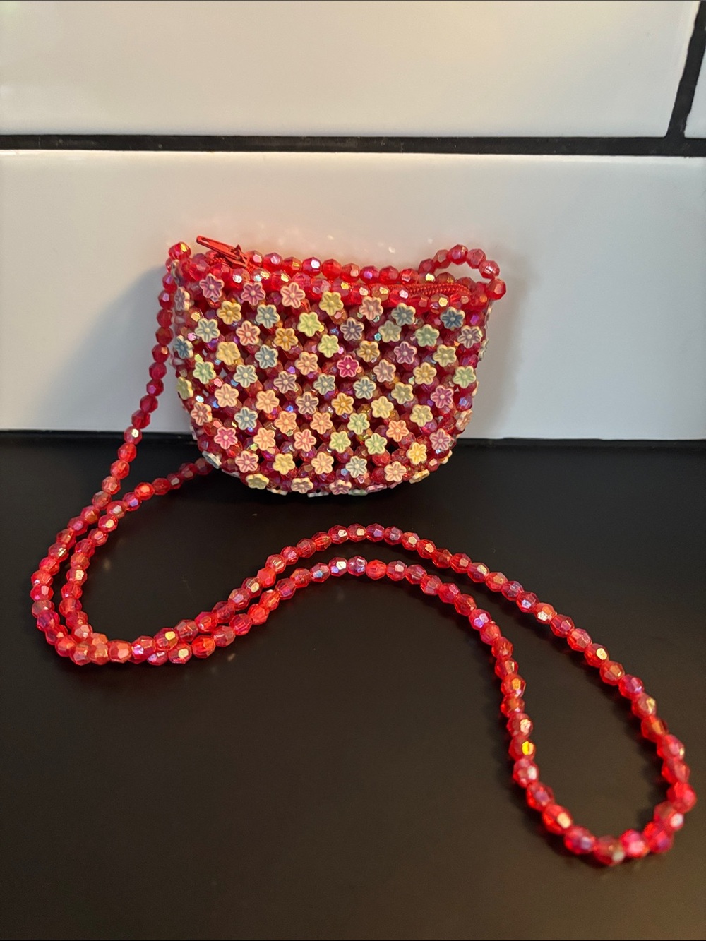 Vintage 90’s Y2K Beaded Flower Crossbody Bag Red Pastel Super Mini Purse